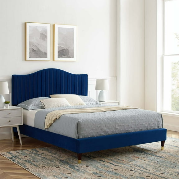 Modway Juniper Channel Tufted Performance Velvet King Platform Bed in Navy
