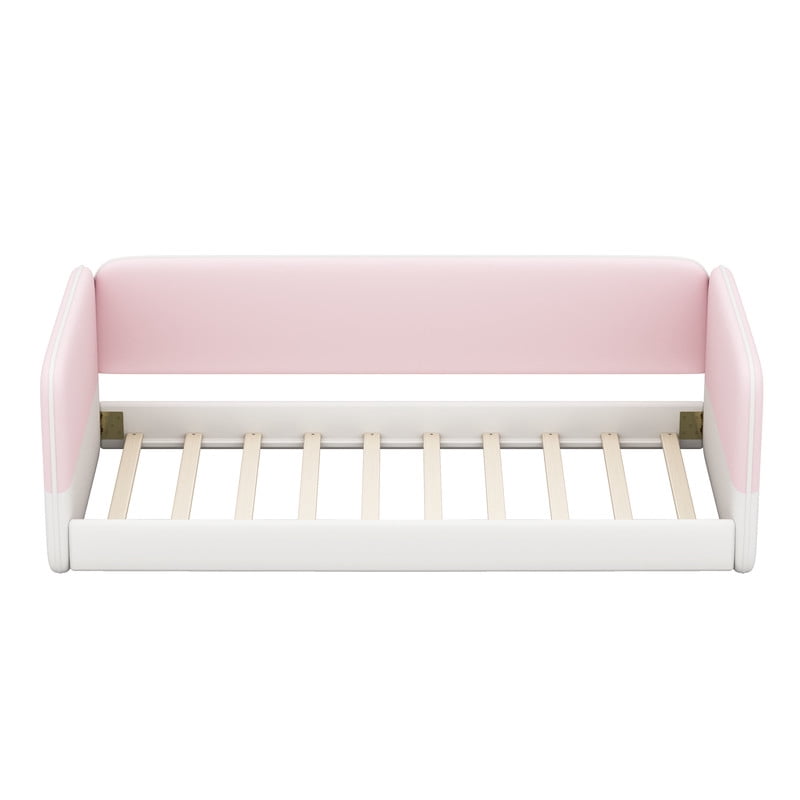 Twin Size Kids Low Profile Platform Floor Bed with Headboard and Armrests, Velvet Upholstered Child Daybed Frame with Guardrail