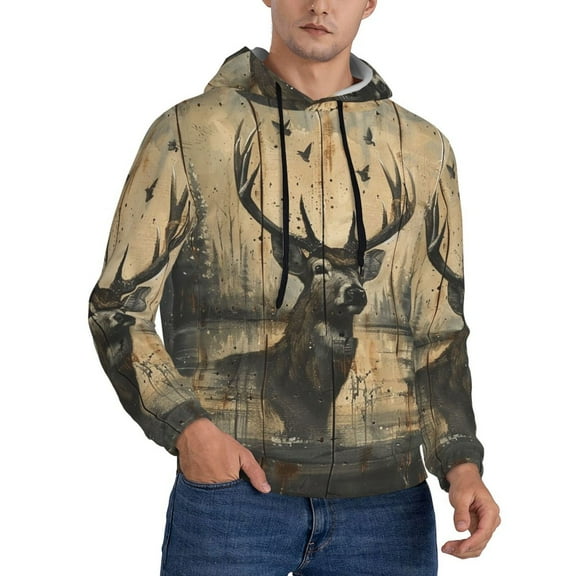 Men's Hoodie Pullover Casual Hooded Sweatshirt 3D, Deer Vintage Camo Art Black