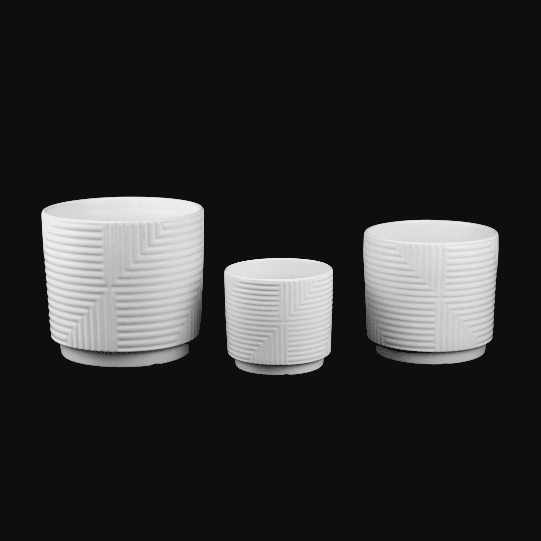 Set of 3 White Textured Stoneware Planters, Modern Round Flower Pots with Geometric Design