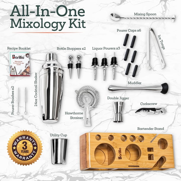 23-Piece Bartender Kit Cocktail Shaker Set by BARILLIO: Stainless