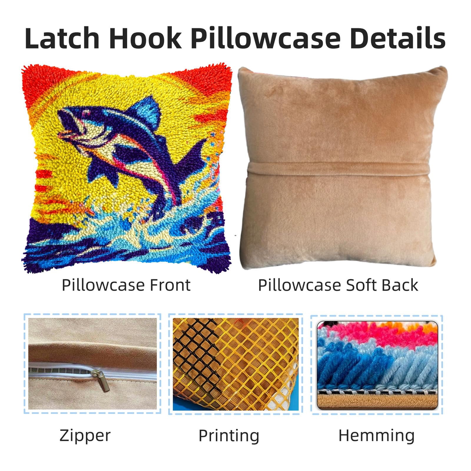 Fish Bass Out from Water DIY Latch Hook Pillow Kits for Adults Printed Pillowcase Crochet Yarns Hooking Handmade Pillow Cover Cushion for Home Sofa Decoration 17x17inch(2)