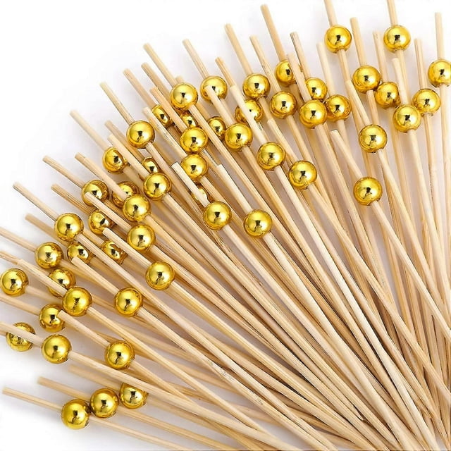 Cocktail Picks, 4.7 Inch Fancy Cocktail Toothpicks For Appetizers Skewers Bamboo Cocktail Picks For Party Decoration, Gold Pearl Food Picks For Charcu