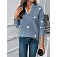 thumbnail image 4 of Cute Heart Print Sweater for Women - V-Neck Sweater Pullovers with Lace Trim, Knit Jumper Blue S, 4 of 10