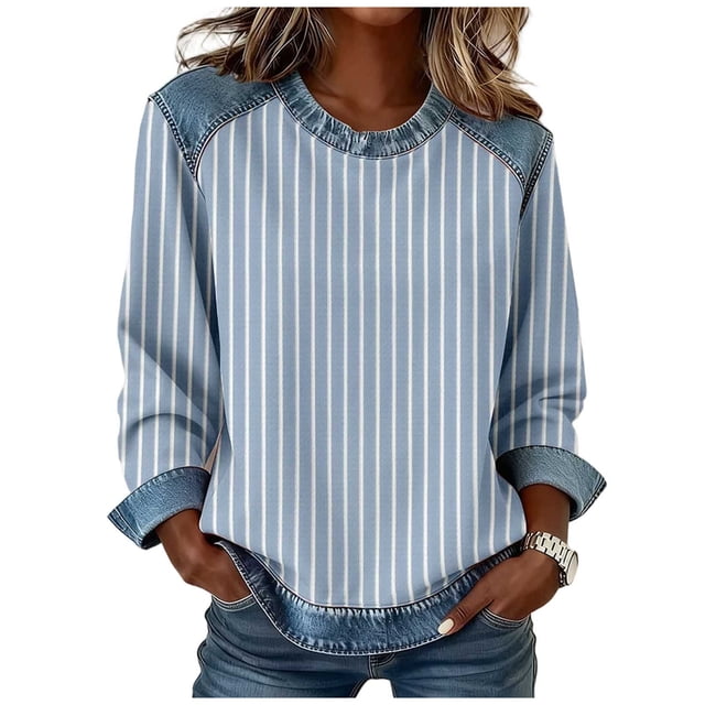 Dazajoo Chandail Ample à Manches Longues pour Femmes, Col Rond Décontracté, Haut en Denim Patchwork à Enfiler pour Mode Urbaine, Bleu, TG