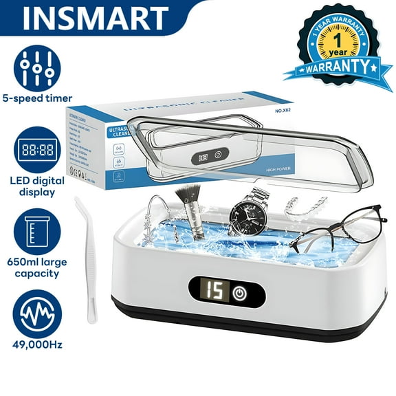 INSMART Ultrasonic Cleaner 650ml 49,000Hz with LED Display, 5 Timer Modes & 4.92" Tweezers for Jewelry, Glasses, Watches, Dentures