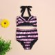 thumbnail image 1 of Conjunto de Bikini para niña bebé, traje de baño de rayas brillantes, Tops Halter para niños, pantalones cortos de cintura alta, traje de baño, ropa de playa, 12-18 meses, rosa Feliz Sencillez, 1 of 4