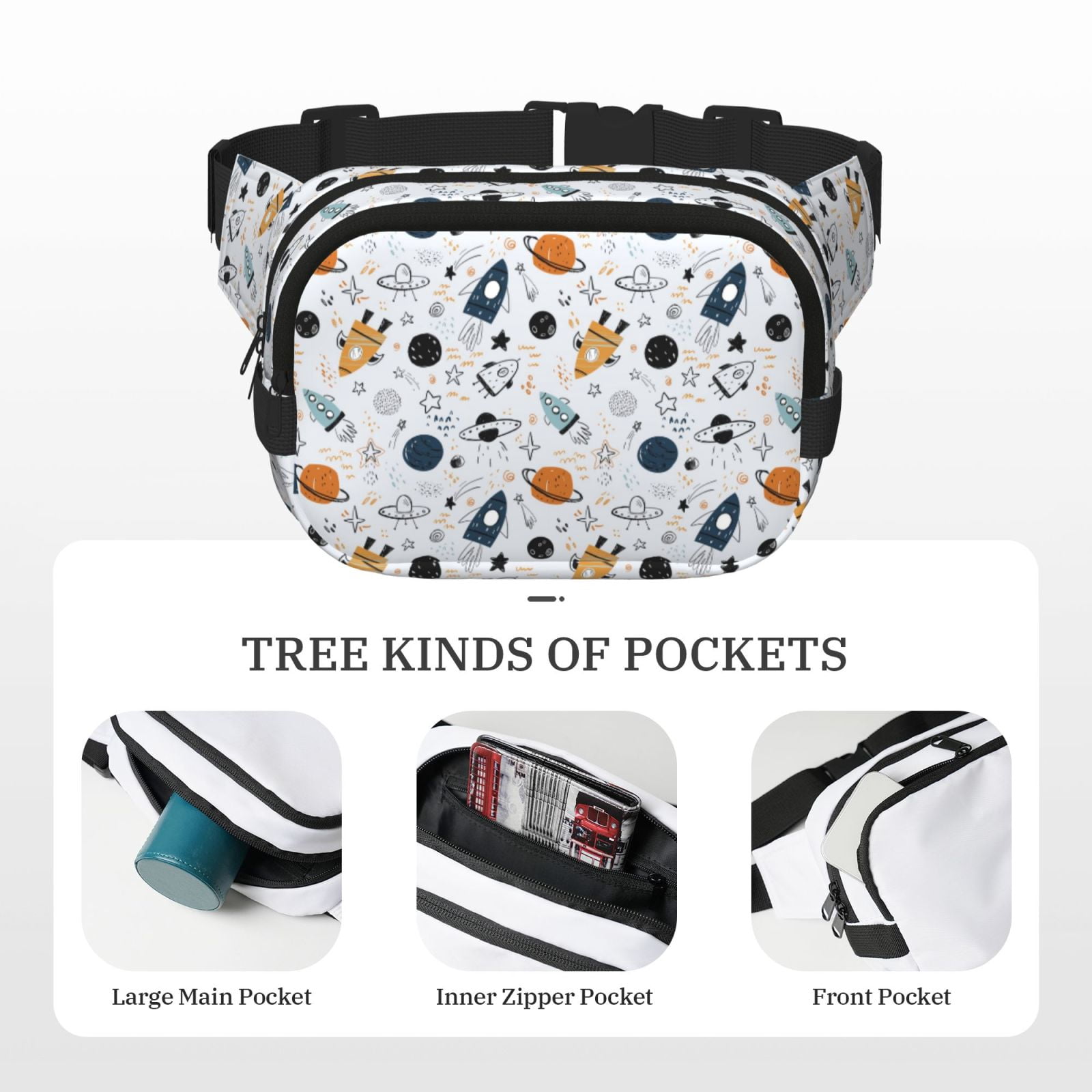 Hirioo Cartoon Planets for Double Layer Waist Bag Adjustable Fanny Pack For Travel Running Hiking