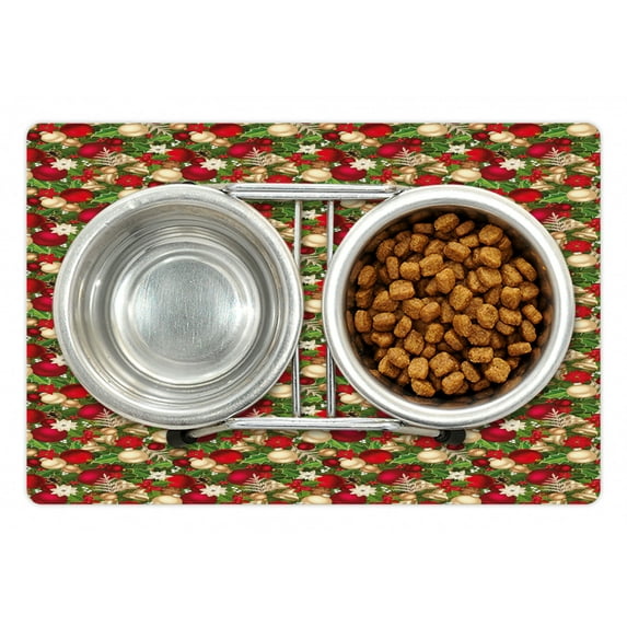 Christmas Pet Mat for Food and Water, Tree Branches Spruce Leaves Balls Bells Cones Poinsettia Flowers Mistletoe Berry, Non-Slip Rubber Mat for Dogs and Cats, 18" X 12", by Ambesonne