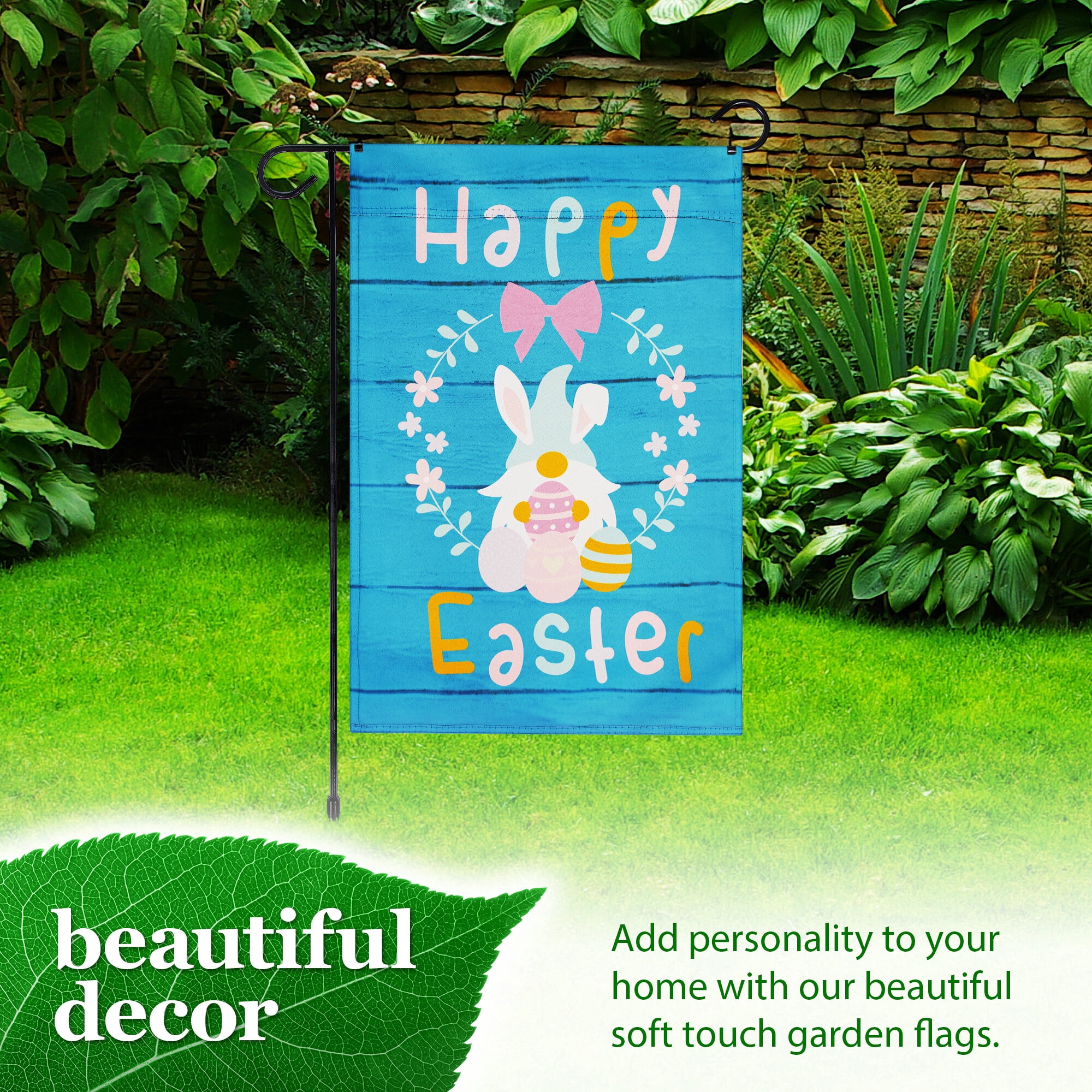 G128 2sets: 36"x16" Black Garden Flag Stand & Double-Sided 12"x18" Easter Flags Rabbit Gnome Eggs