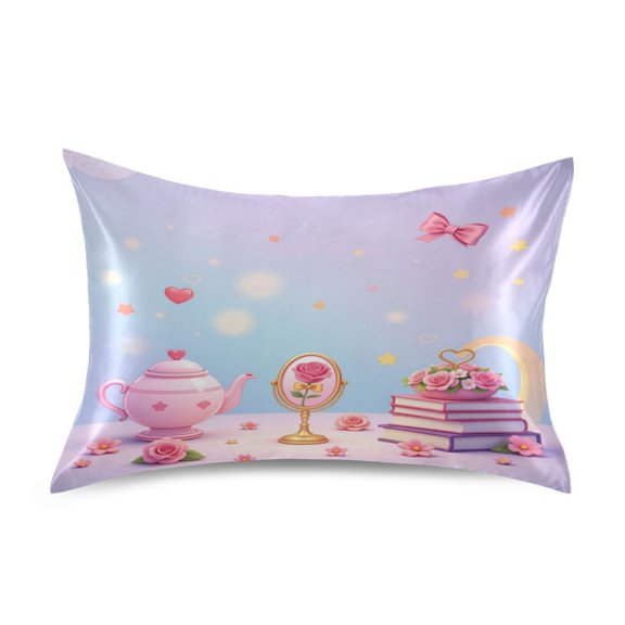 Satin Pillow Case Envelope Pillow Covers Standard Size Soft Pillow Cases for Bedroom, Pink-teapot Printed