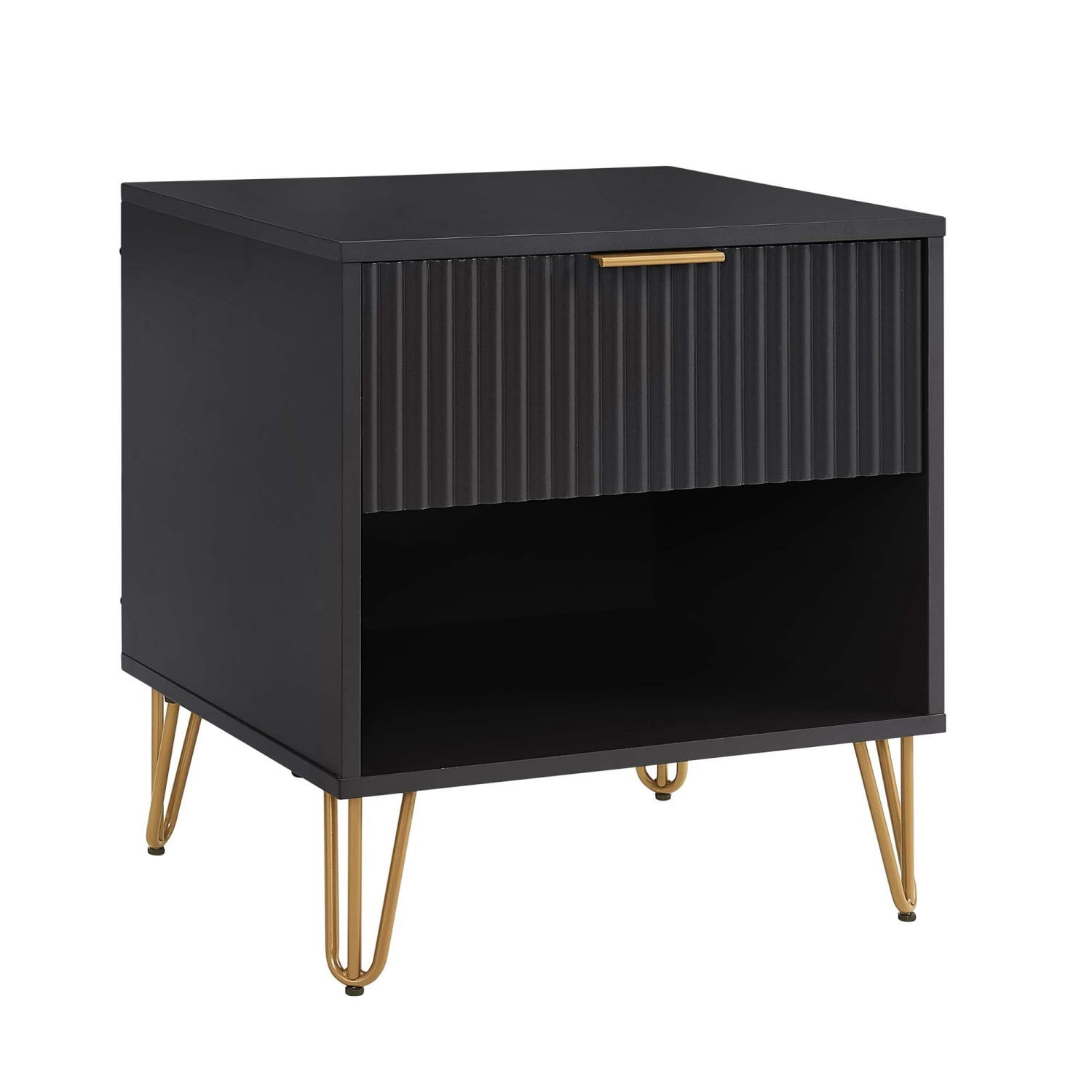 Nightstand, Modern Glam Bedside Table with 1 Drawer, Vertical Ribbed Texture, Gold Handle and Splayed Metal Legs, Storage End Table for Bedroom Living Room, Black