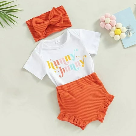 

Augper Easter Toddler Set Girls Bunny Printed Bodysuit Crawlsuit Hair Accessories Set Two Piece Baby s Day Girls One Piece Rompers 3-18 Months