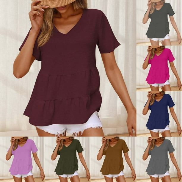 Tops casuales para mujer,Camiseta de cuello en V para mujer, blusa de manga corta, top informal de poliéster, camisa de color liso para uso diario, sopatenor