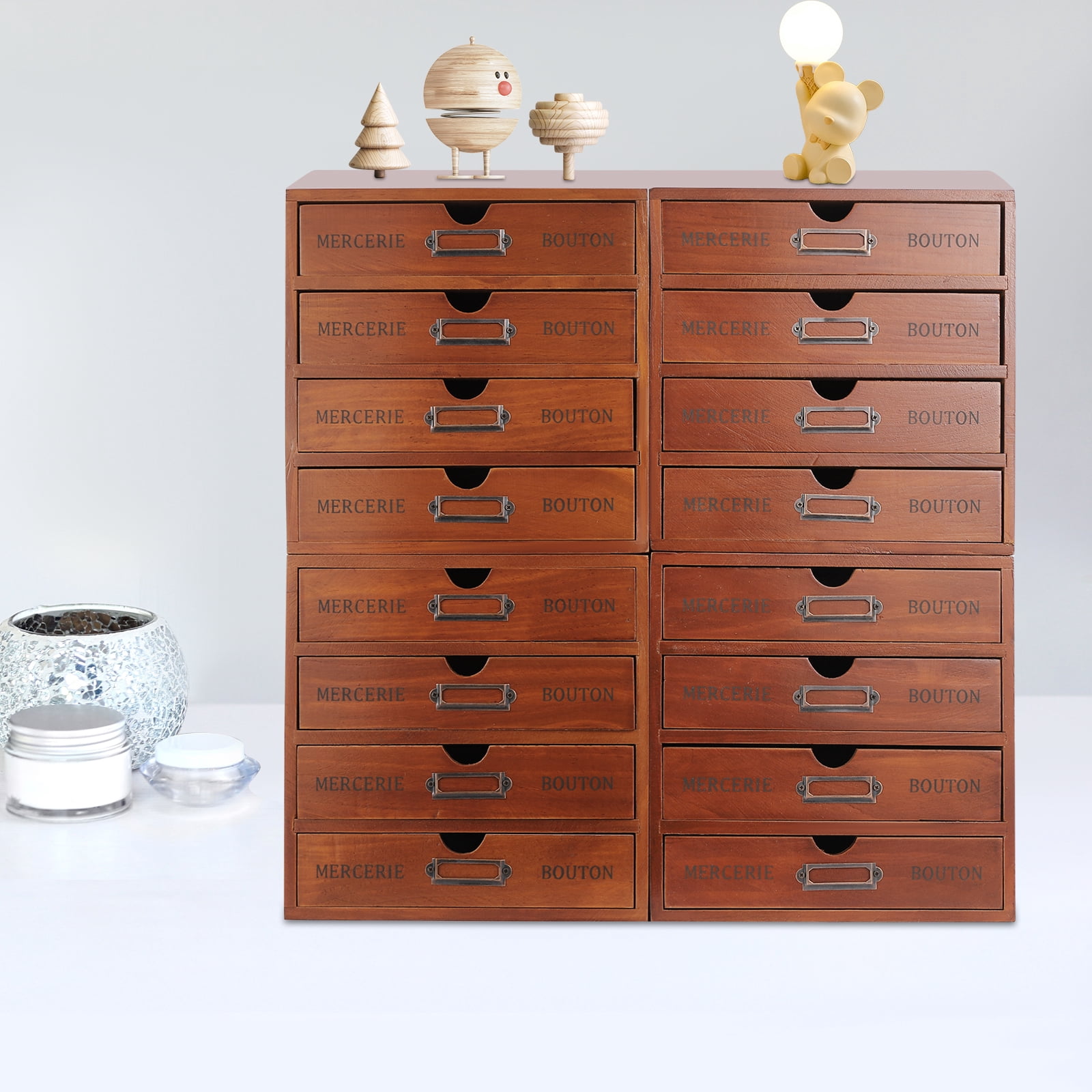 Peakora 4PCS 16-Drawer Wooden Desk Organizer Pine Wood Storage Drawers Vintage Shelf Drawer Desktop Organizer with Drawers Retro Style Storage Box Desktop Storage for Office Study Bedroom Dresser