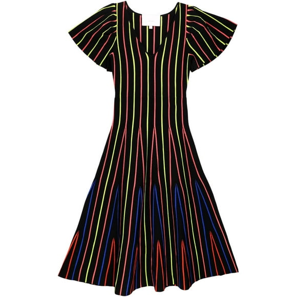 Carolina Herrera Women's Black Multi V-Neck Fit and Flare with Flutter Sleeves Dress - M