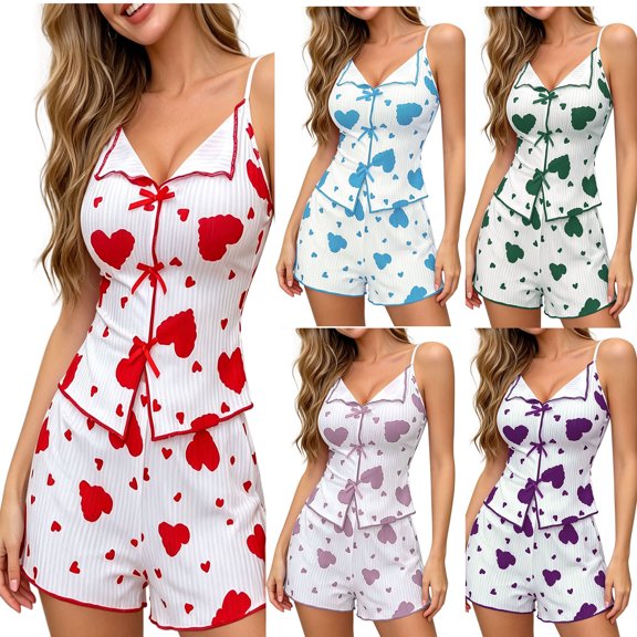 Bovxnpu Womens Pajama Sets Collared Neck Sleeveless Cami Top 2 Piece Short Pants Casual Pajama Loungewear