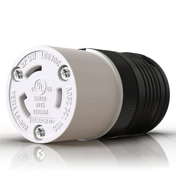 Locking Connector NEMA L6-30R, Generator Twist Lock Adapter Connector, 30 Amp 250V 2 Pole 3 Wire Grounding, Industrial Grade Heavy Duty, UL Listed Black/White 1PC