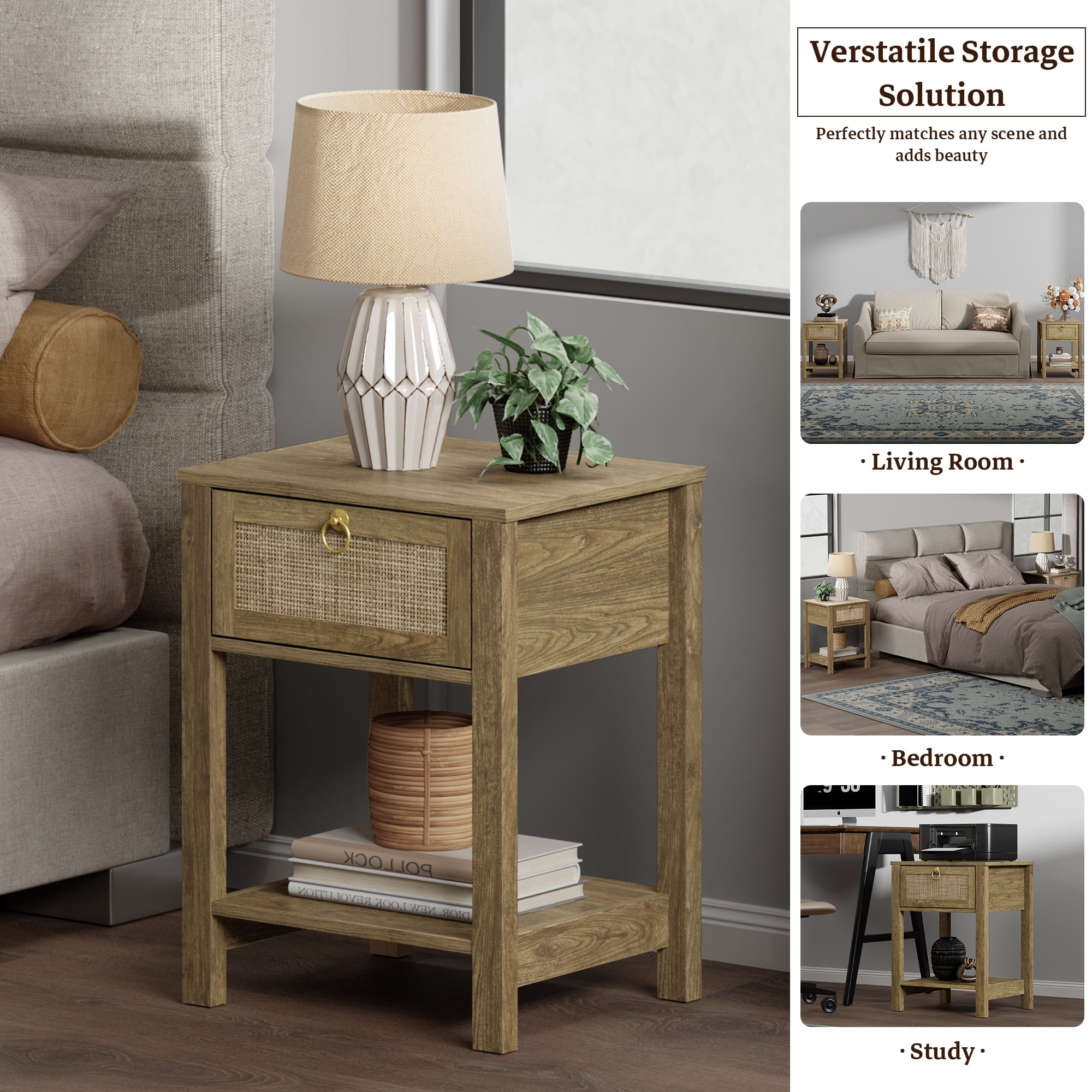 Surmoby Nightstand Set of 2,Boho Bedside Tables with Rattan Decor Drawer and Open Storage Shelf,Side Table End Tables for Bedroom or Living Room,Cherry