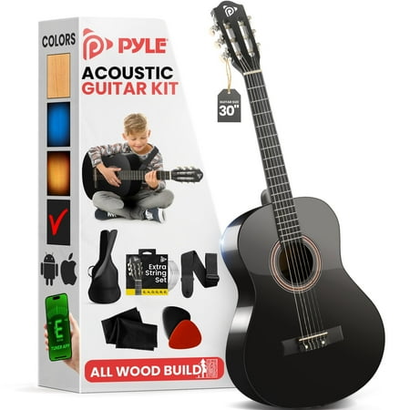 Pyle Beginner Acoustic Guitar Kit, 1/4 Junior Size All Wood Instrument for Kids, Adults, 30" Black Matte