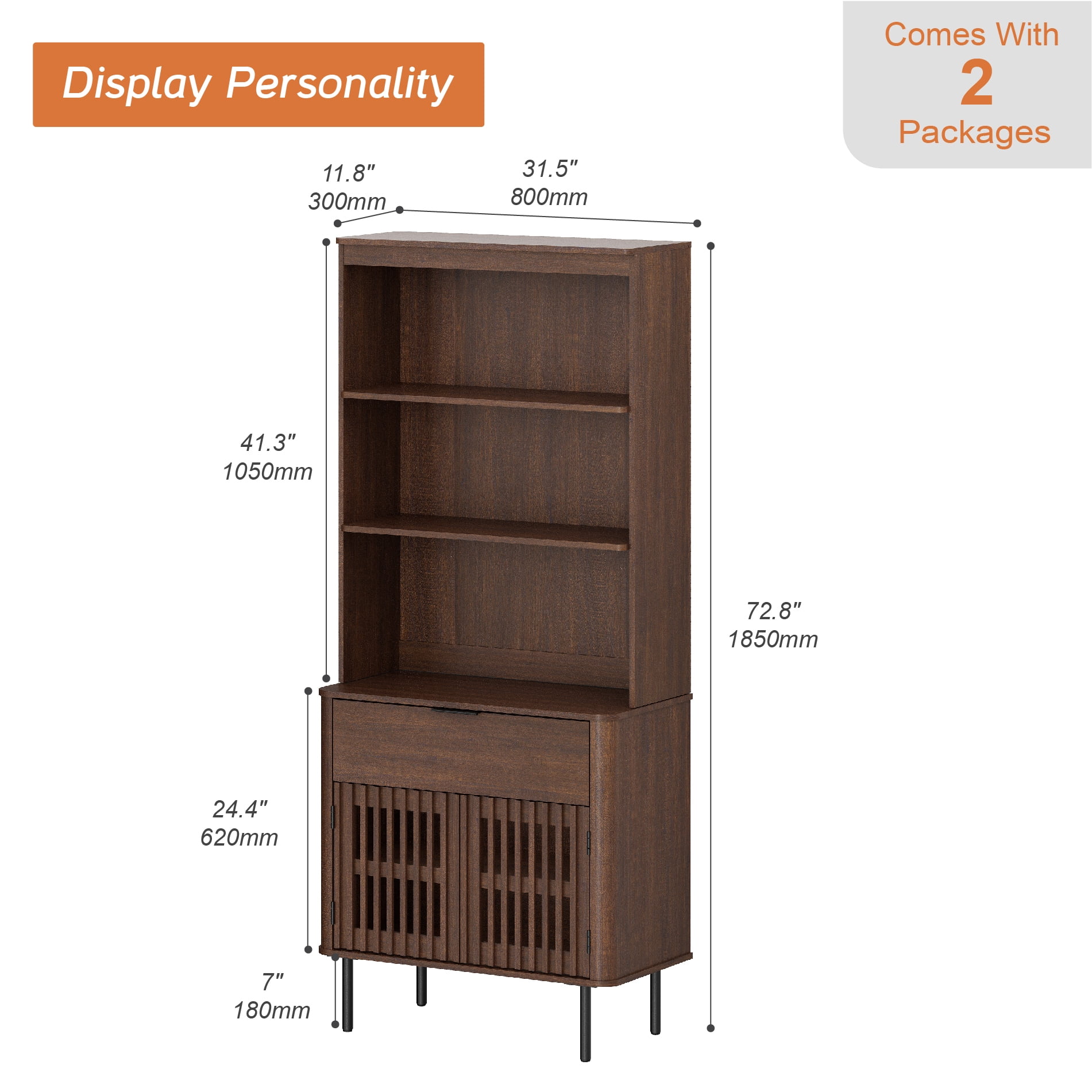 3-in-1 72.8" Fluted Pantry Cabinet with Doors & Drawer, Adjustable Shelf, Cable Mgmt, 5-Tier, Walnut