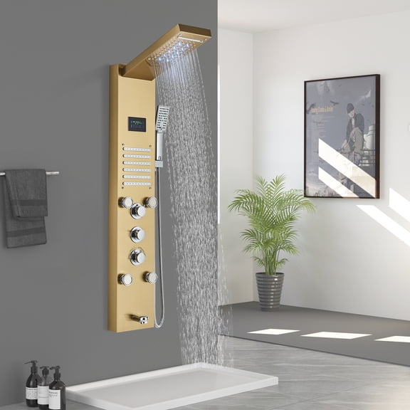 Shower Panel Tower System LED Digital Display Shower Column Stainless Steel with Rainfall Waterfall Shower Head Massage Jets Hand Shower and Tub Spout Shower System Gold