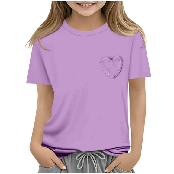 Cethrio Girl's T-shirts 2025, Summer Crewneck Casual Relaxed Fit Short Sleeve Tops Purple Size 14-16T
