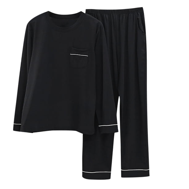 Hombres Casual Solid Pullover Mangas largas Ropa de dormir Bolsillo Tops y pantalones Traje de cuello redondo Pompotops oipoqjl8962