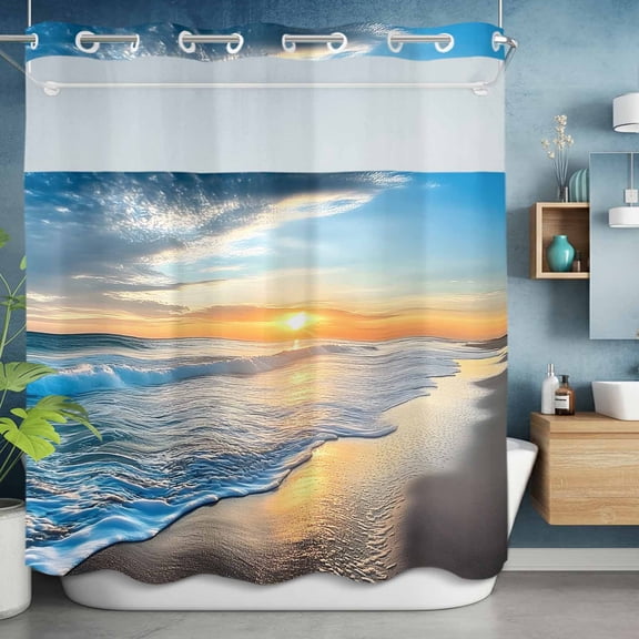 No Hooks Shower Curtain with Snap in Fabric Liner Set, Summer Ocean Spray Sunset Shower Curtains Waterproof Bathroom Curtain with See Through Top Window,Hotel Style,72x72in Seaside Beach Cloud Sky