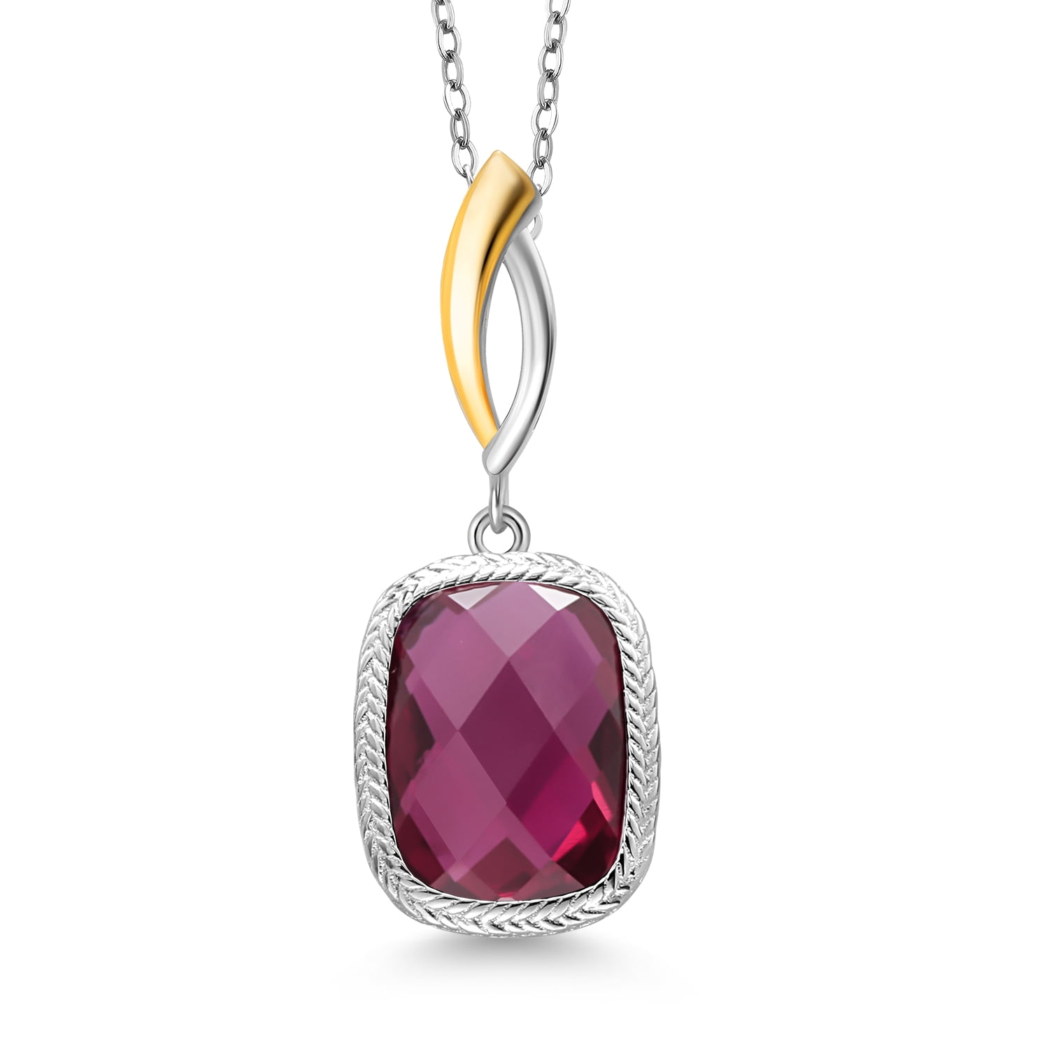 Gem Stone King 2.30 Cttw Created Ruby Pendant Necklace for Women | 925 Sterling Silver and 10K Yellow Gold | 13X9MM Cushion Checkerboard Cut | With 18 inch Chain