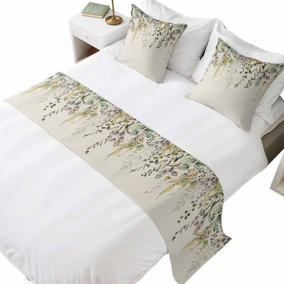 Bed Runner for Cal. King Size Bed, Eucalyptus Leaves Decorative Beds Runners and 2 Matching Pillow Covers Set, Green Summer Botanical Rustic Beds Scarf Throw for Foot of Bedding Set for Hotel/Bedroom