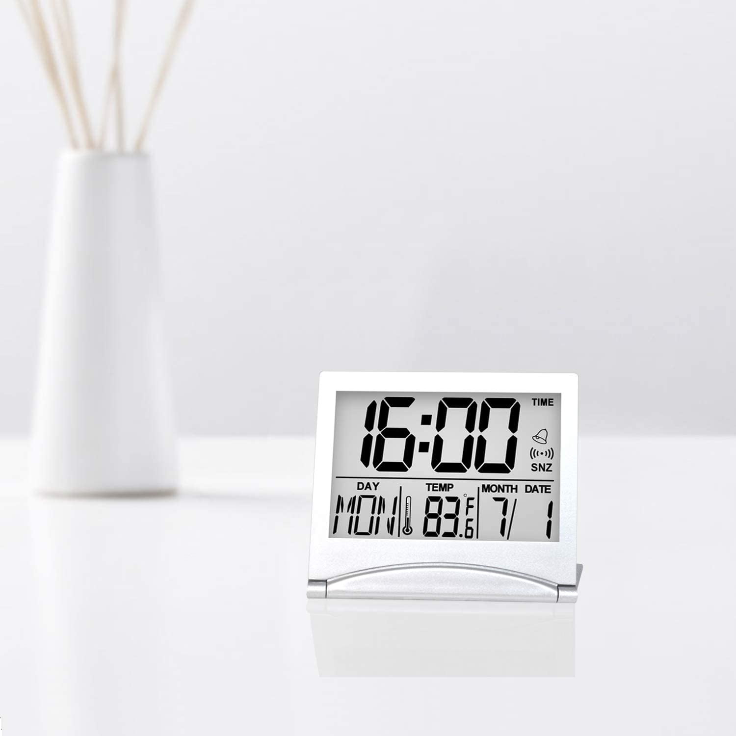 Digital Travel Alarm Clock - Foldable Calendar Temperature Timer LCD Clock with Snooze Mode - Large Number Display, Battery Operated - Compact Desk Clock(Silver, No Backlight)