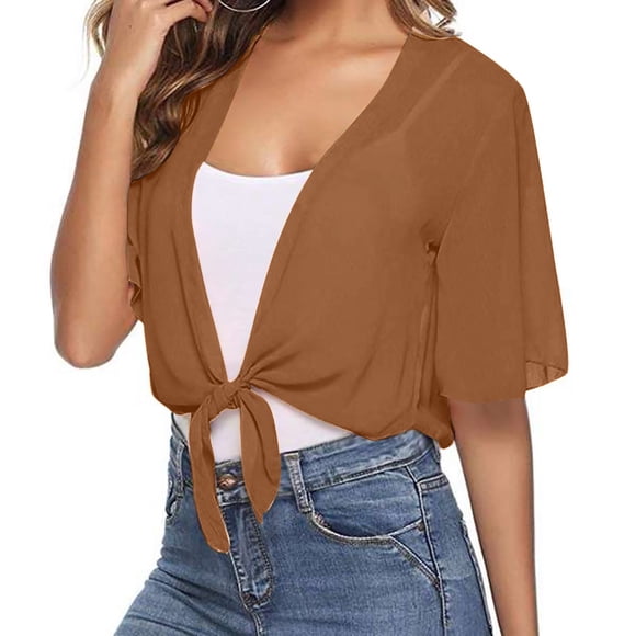 SHIXIAOO Women Tie Front Chiffon Short Sleeve Cropped Sheer Cardigan Summer Crop Cardigans for Women Side Button Cardigan for Women
