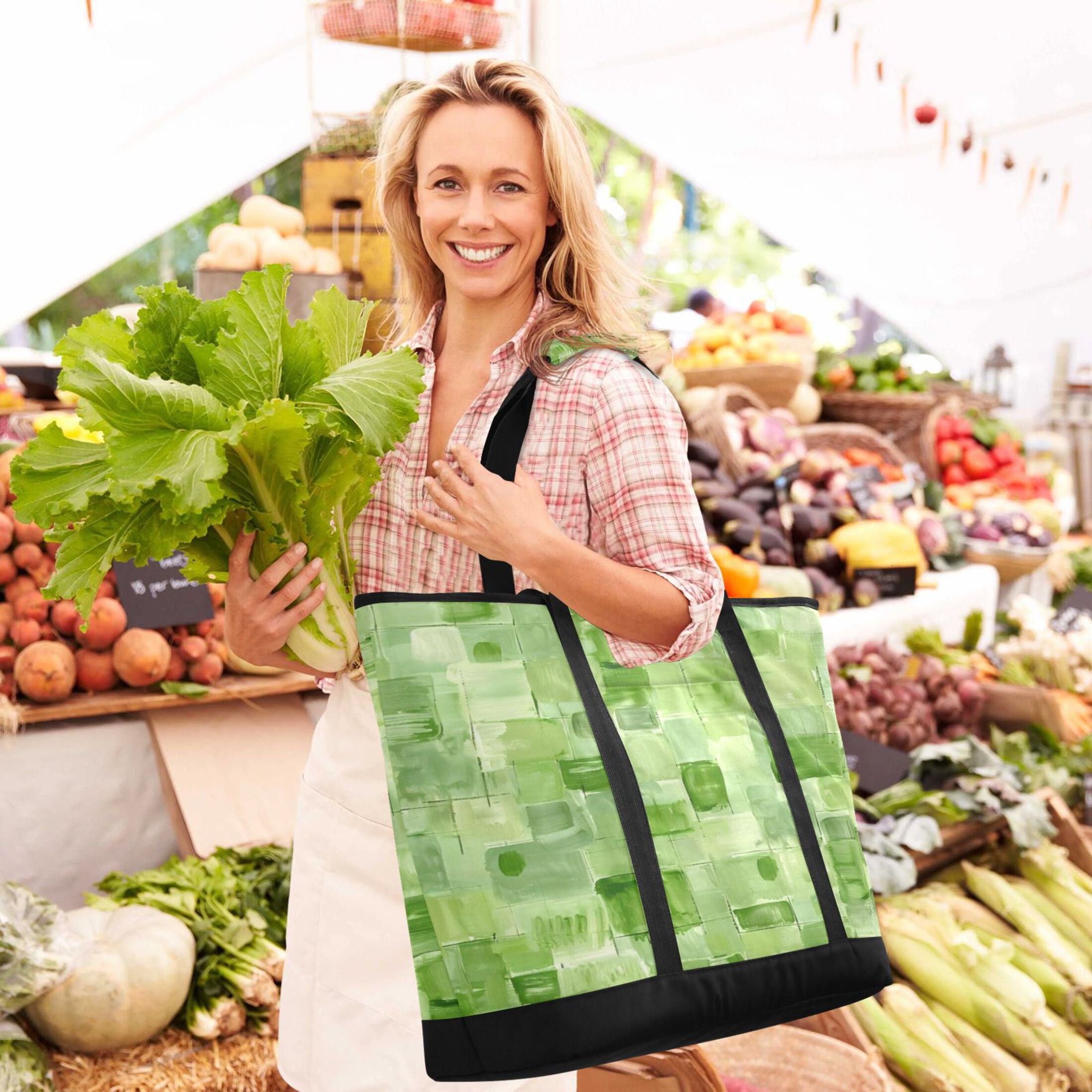Large Hand-held Ice Pack Picnic Bag Insulation and Refrigeration Suitable for Shopping Picnics and Camping Green Square