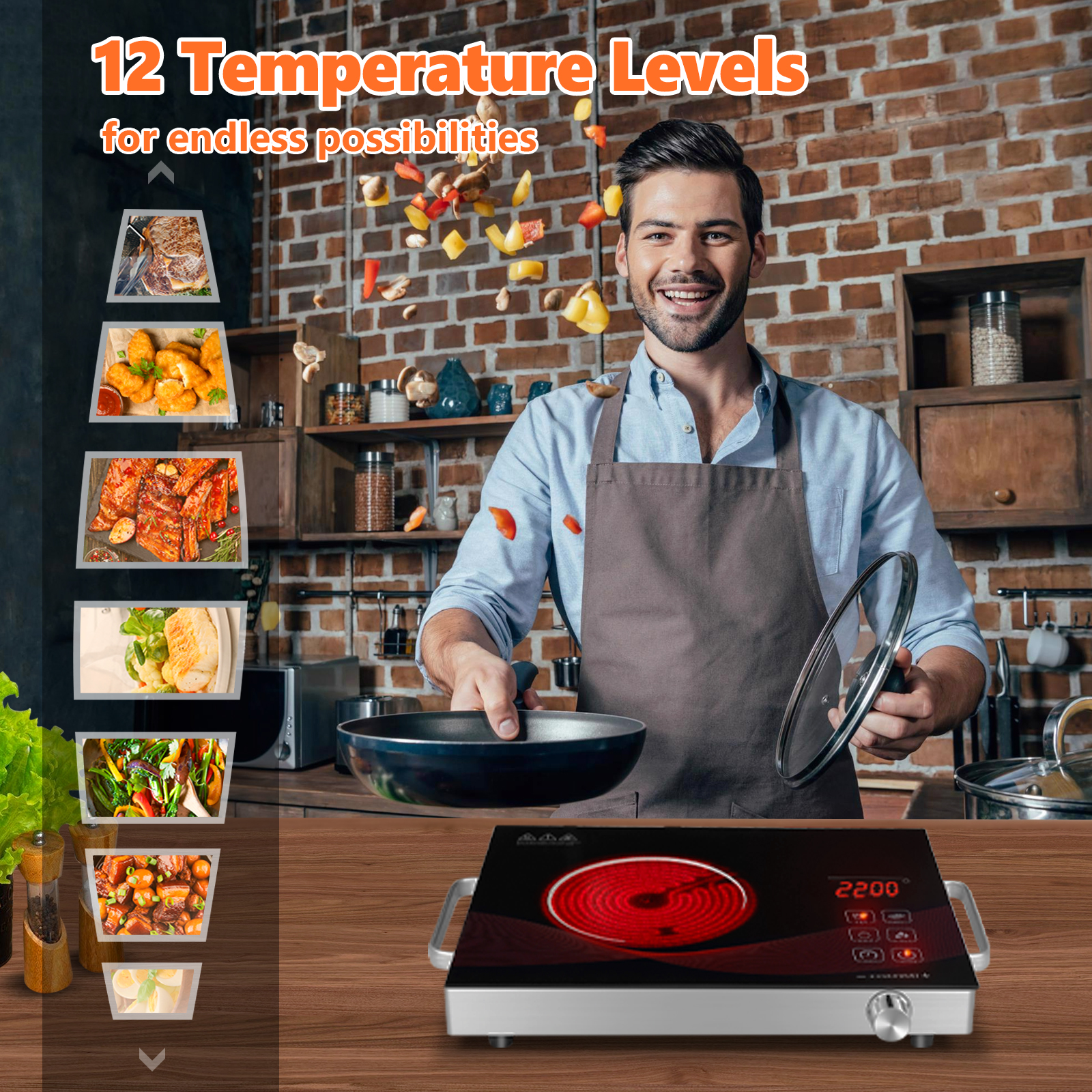 GRACEALL Countertop Infrared Hot Plate Electric Cooktop Portable Cooker for Cooking Single Burner Stove, 2200 Watt Compact Hotplate Adjustable Temperature Control, Sensor Touch & Knob
