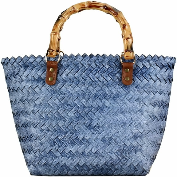 GASTROPOD Handwoven Tote Bag for Women Straw Bag with Bamboo Handle PVC Bag Rattan Woven Handbag Summer Beach Purse