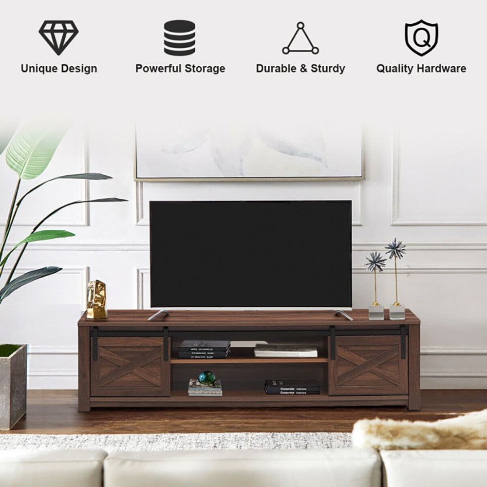 Finihen TV Stand, TV Cabinet, 65 Inch Flat Sliding Barn Door TV Stand, Media Entertainment Center with Storage, for Living Room, Bedroom, Brown