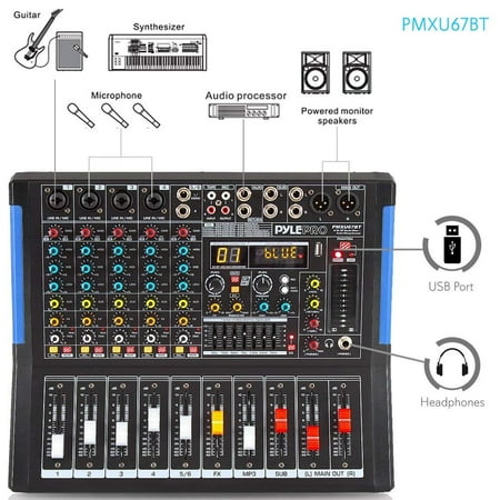 6 Channel Bluetooth Studio Audio Mixer Dj Sound Controller Interface With Usb Drive For Pc Recording Input Xlr Microphone Jack 48v Power Input Output For Professional And Beginners Pmxu67bt Walmart Canada