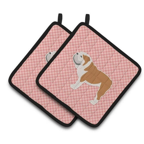 English Bulldog Checkerboard Pink Pair of Pot Holders