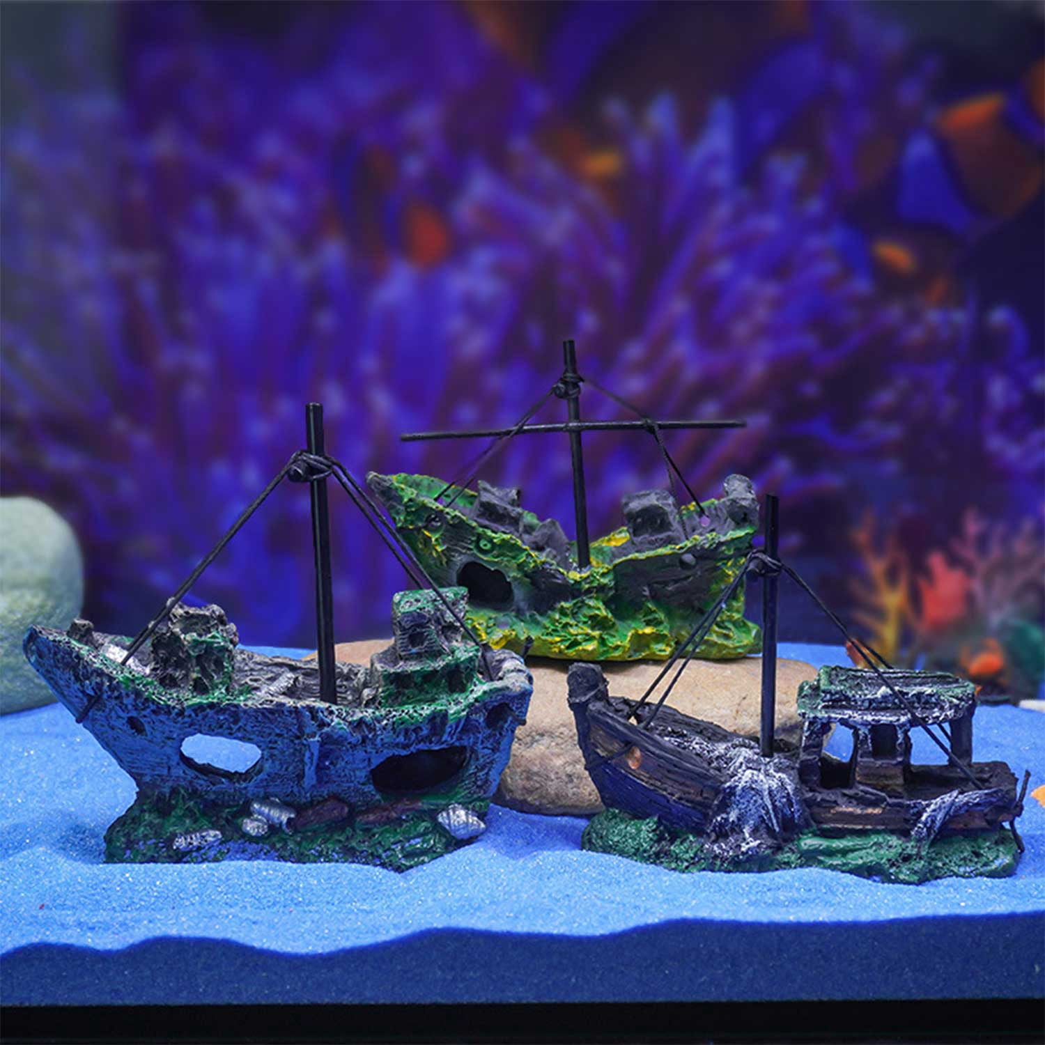 2Pcs Resin Ship Decor for Aquarium - 5 Style Options (Pirate Ship, Sunken Ship, Red Net Ship, Shipwreck, Blue Sail Ship) Aquatic Ornament with Hiding Caves