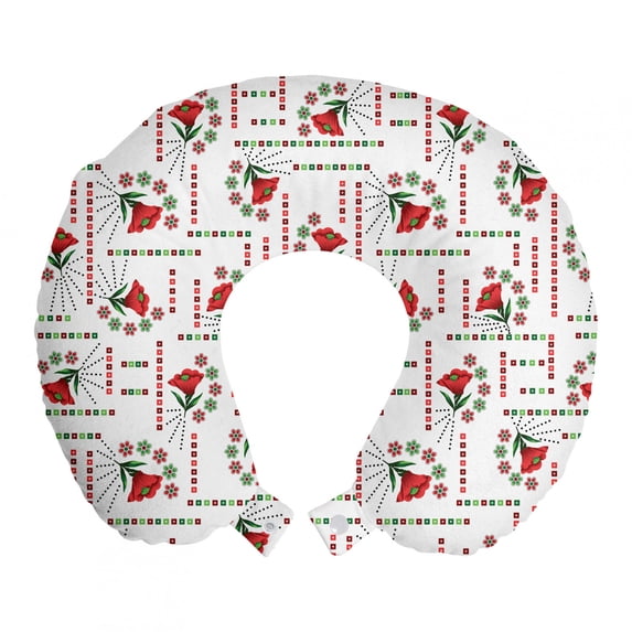 Floral Travel Pillow Neck Rest, Russian Folkloric Art Style Flowers Retro Pattern Modern Influences, Memory Foam Traveling Accessory Airplane and Car, 12", Vermilion Green and White, by Ambesonne