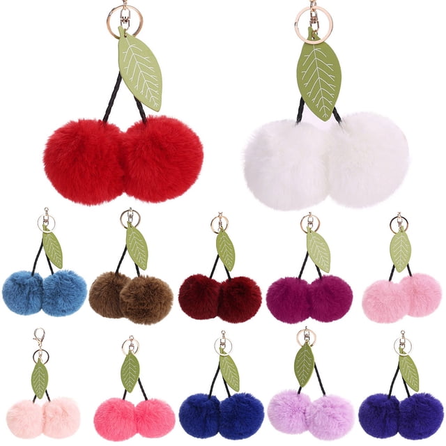 Cute Cherry Keychain Fluffy Pom pom Ball Bag Car Pendant Charm Key Keyring