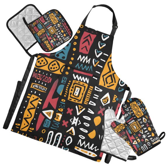 African Geometric Print Apron Set with Oven Mitts Pot Holders Set of 5 Kitchen Stuff Accessories