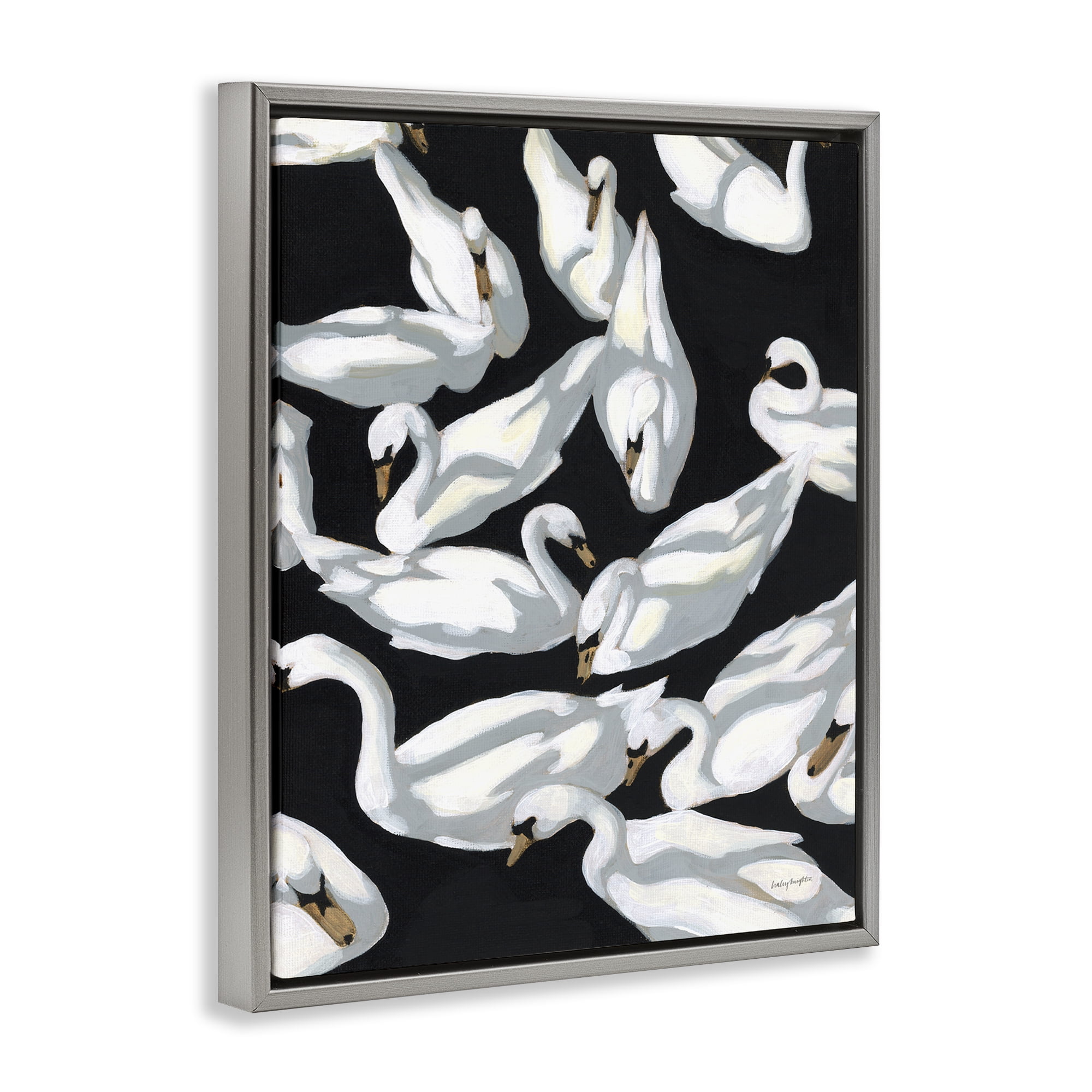 Stupell Industries Overlapping Swans on Black Animals Painting Gray Floater Framed Canvas Art Print Wall Art, 25 x 31