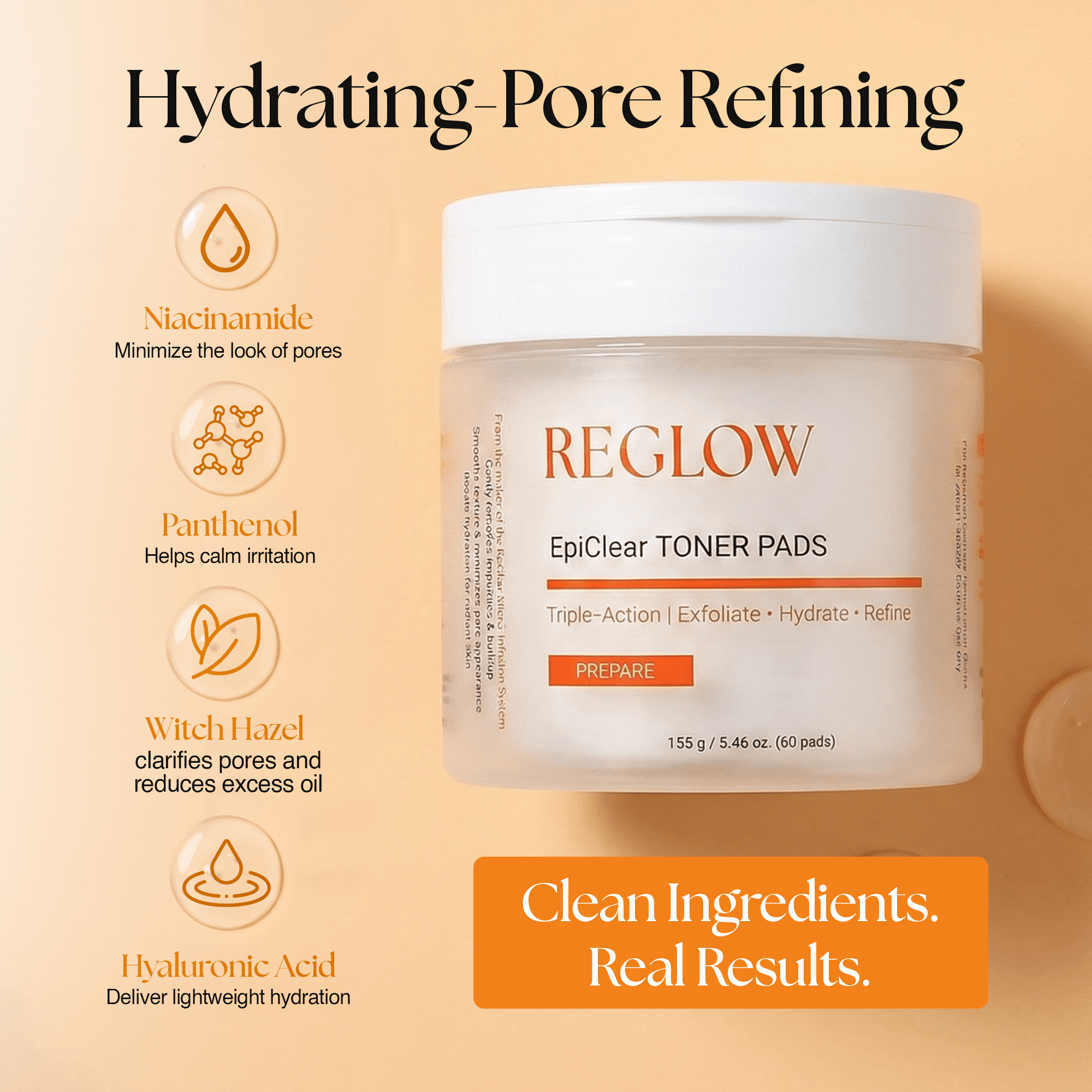 ReGlow EpiClear Exfoliating Toner Pads with AHA BHA PHA & Niacinamide, Dual-Textured Facial Pads, 60 Count