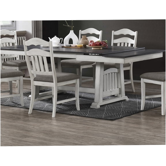 Antique White and Gray Expandable Dining Table with 2 Leaves, Rubber Wood Trestle Table for Kitchen and Dining Room