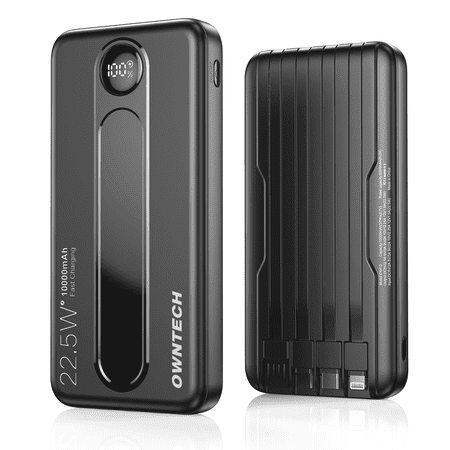 PLUSBRAVO 10000mAh Portable Charger with Built-in Cables, 22.5W Fast Charging, USB-C Power Bank, LED Display, Compatible with iPhone 16/15/14, Samsung & Android Phones (Black)