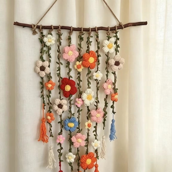 Handmade Crochet Flower Garden Wall Hanging, Boho Cascading Floral Macrame Decor for Bedroom Living Room