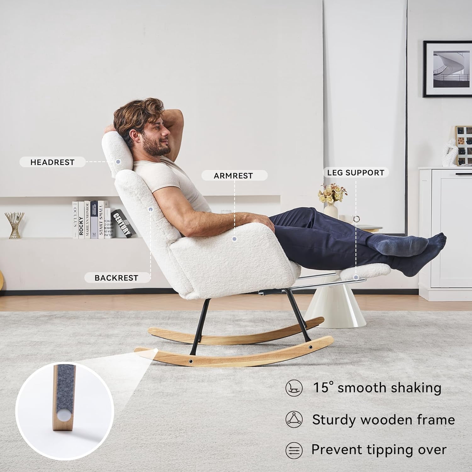 Rocking Chair Nursery Teddy Upholstered Glider Rocker High Backrest Nursery Rocker Comfortable Armchair