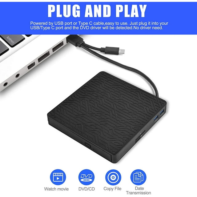 External DVD Drive, USB3.0/Type-C DVD CD ROM +/-RW Player for Laptops, CD Burner with 2 USB3.0 Ports, SD/TF Port